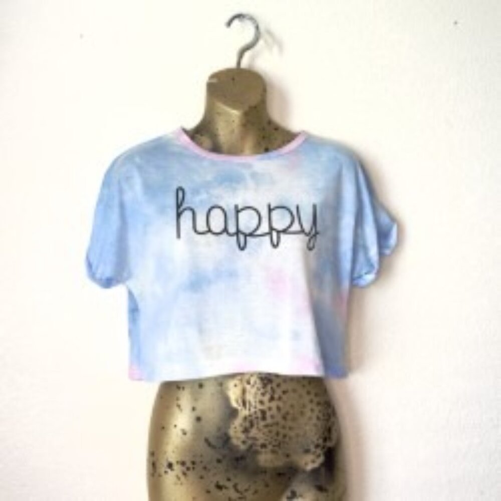 Pastel Tie-Dye “Happy” Crop Tee | Loungewear Vibes Size Large
